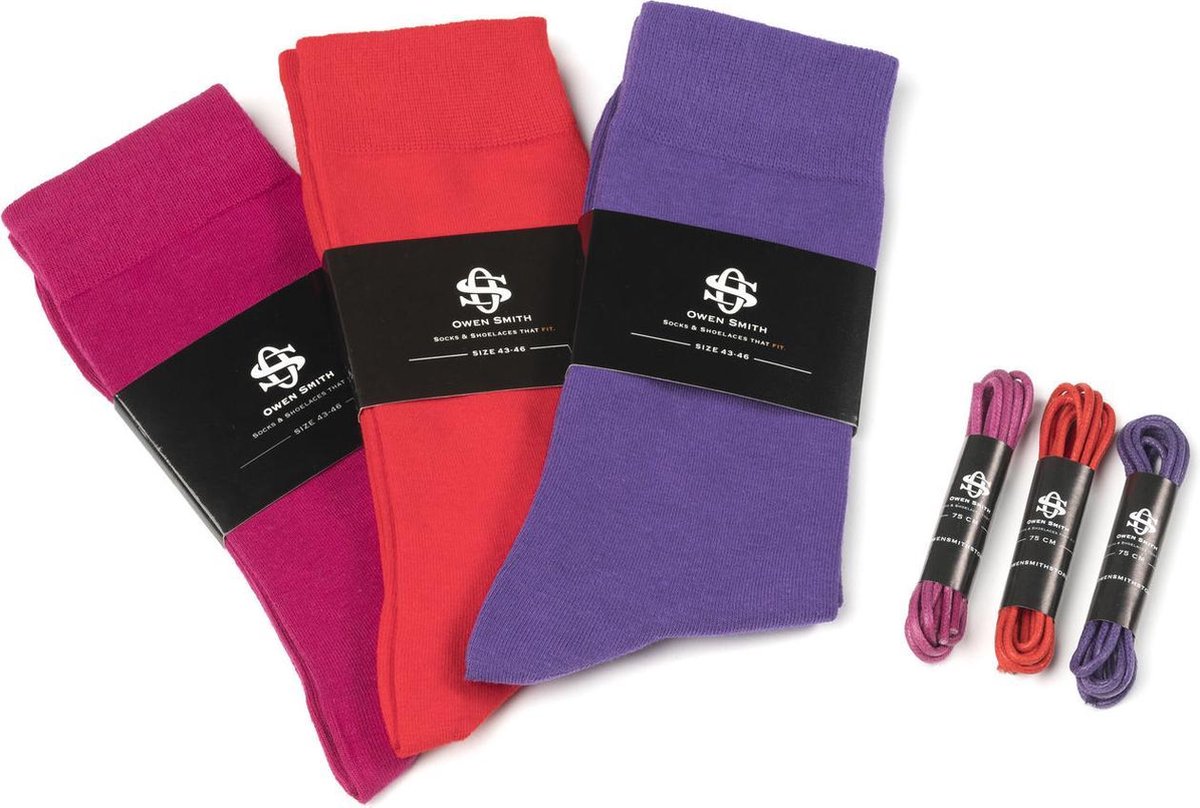 Owen Smith Style Kit - 3 paar Herensokken met Veters, rood paars roze, maat 39-42 veterlengte 75cm