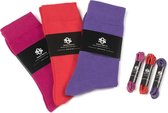 Owen Smith Style Kit – 3 paar Herensokken met Veters, rood paars roze, maat 39-42 veterlengte 75cm