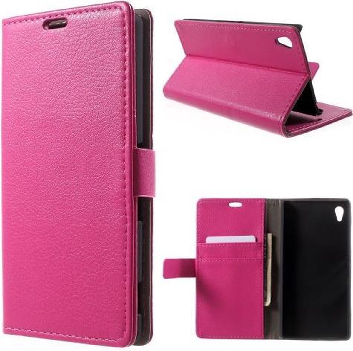Litchi cover wallet case hoesje Geschikt voor: Sony Xperia XA roze