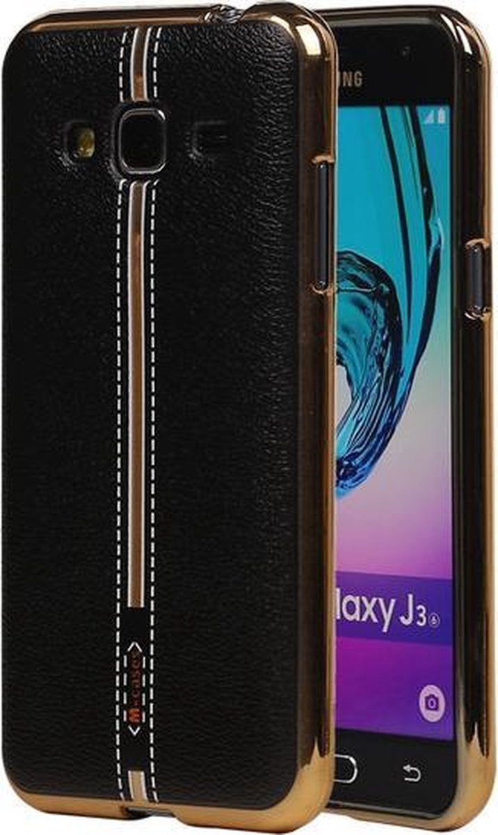 M-Cases Zwart Leder Design TPU back case hoesje voor Samsung Galaxy J3 2016