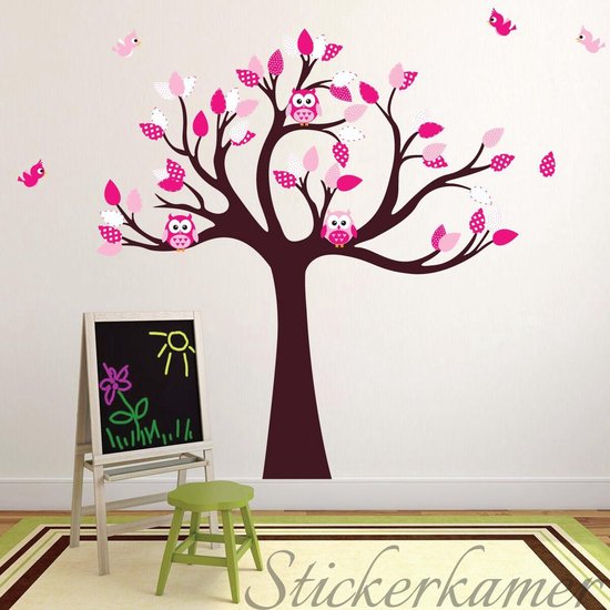 Muursticker boom roze fuchsia met uilen en vogels kinderkamer - babykamer wanddecoratie