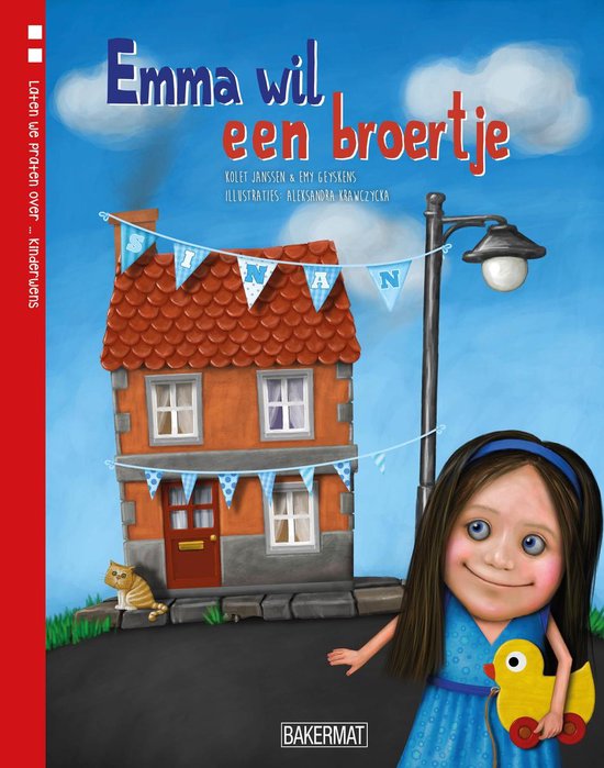 Boekcover 'Emma wil een broertje' met een meisje, een huisje, een kat en een badeendje.