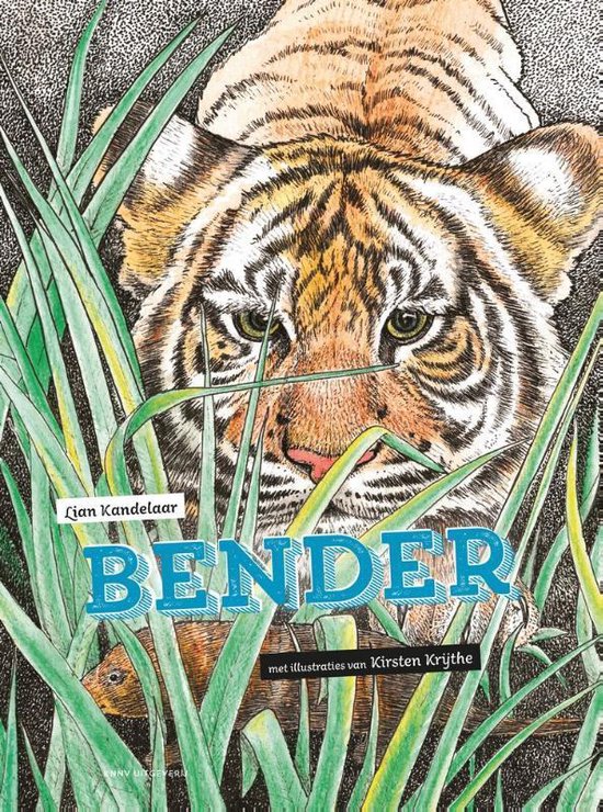 Boekomslag van "Bender" met close-up van een tijger met groene ogen tussen het gras.
