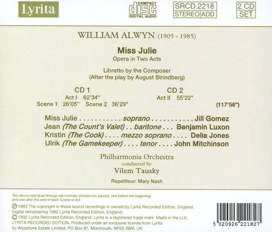 Gomez, Luxon, ., Philharmonia Orche Alwyn Miss Julie Opera In Two