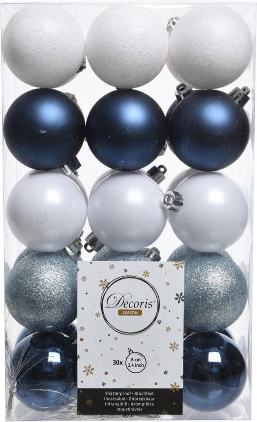 Kerstballen Mix (6cm) Box 30 Stuks Blauw Wit