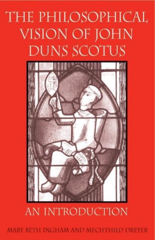 Boek: De Filosofische Visie van Johannes Duns Scotus. Met een illustratie in glas-in-loodstijl van een monnik die een spiegel vasthoudt.