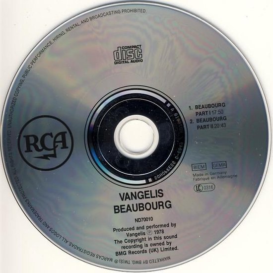 CD met RCA logo, Compact Disc Digital Audio. Vangelis Beaubourg, ND70010, Gemaakt in Duitsland.