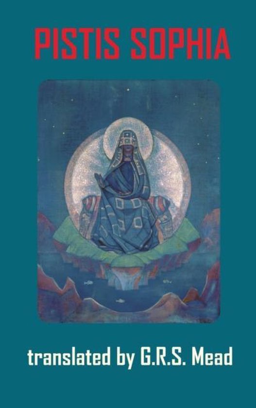 Pistis Sophia, vertaald door G.R.S. Mead. Een figuur in blauwe gewaden met een hoofddeksel, zittend op een zwevende rots onder een sterrenhemel.