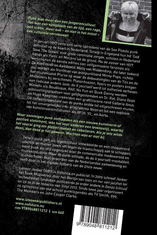 Boekomslag met foto van een vrouw met punkkapsel, grote letters 'PUNK' en informatie over de auteur Leonor Jonker. ISBN en website.