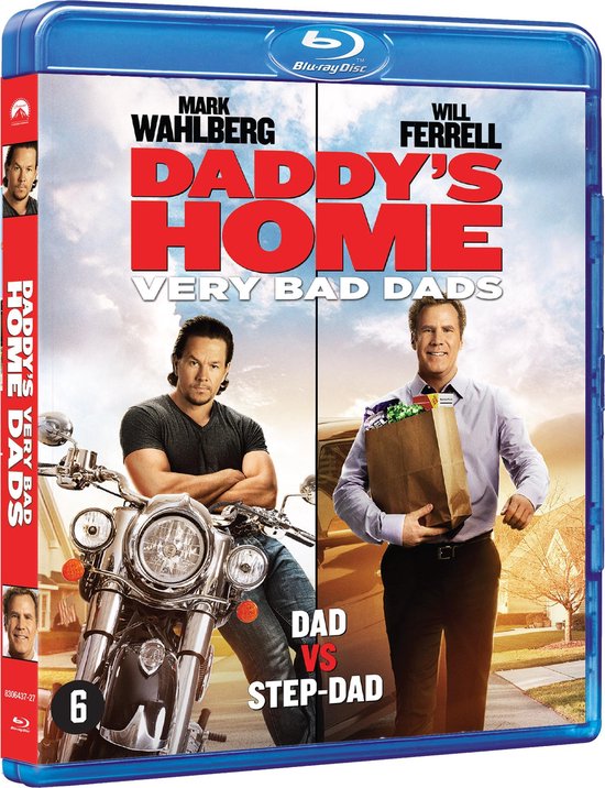 Jaquette Blu-ray avec Mark Wahlberg sur une moto et Will Ferrell avec un sac à provisions. Texte : Daddy's Home Very Bad Dads.