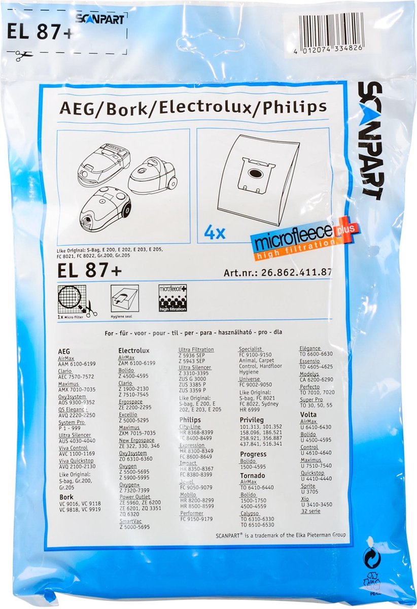 Scanpart stofzuigerzakken 4 stuks - Geschikt voor AEG Electrolux Philips S-bag | bol.com