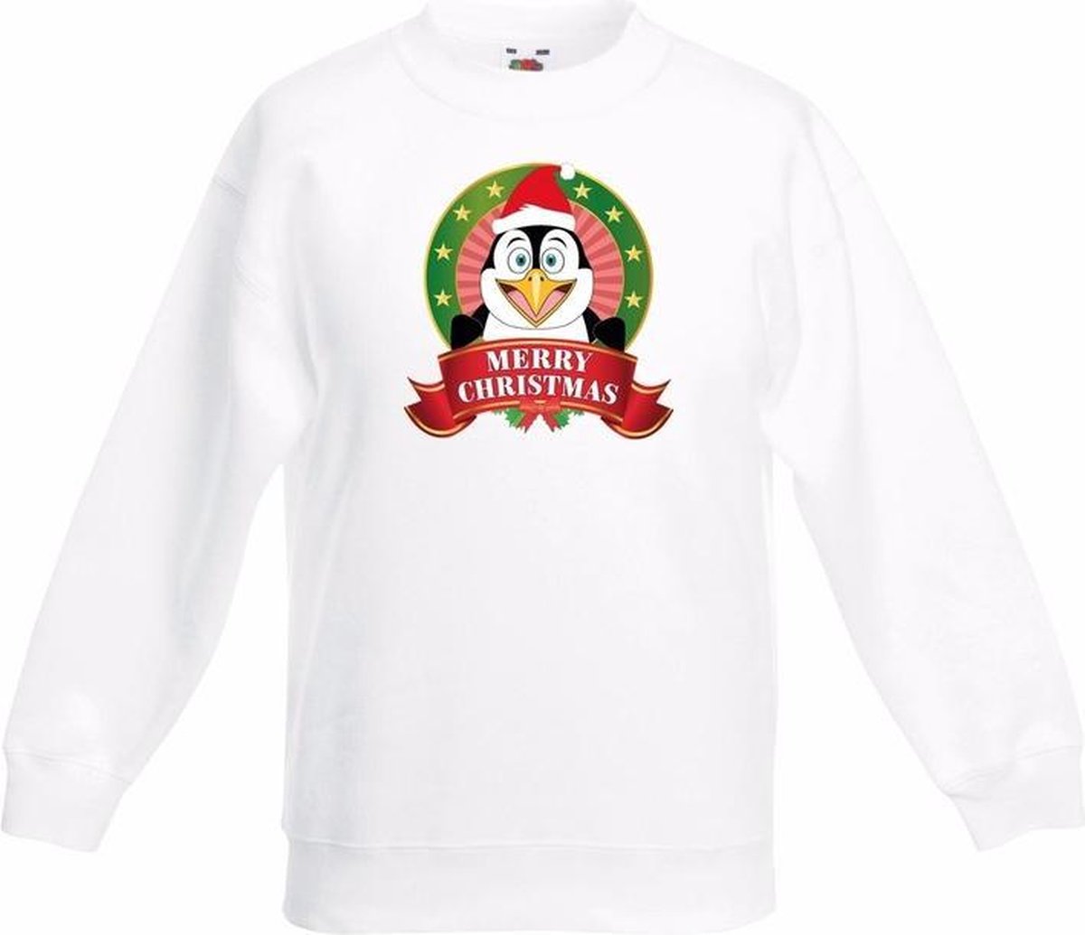 Kerst sweater voor kinderen met pinguin print - wit - jongens en meisjes sweater 5-6 jaar (110/116)