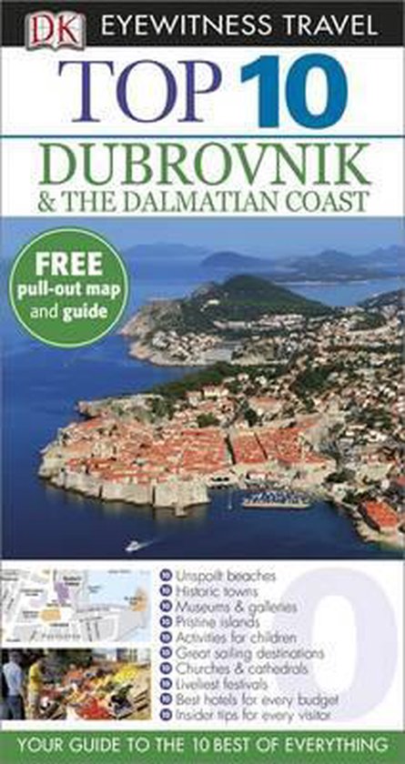 Boek "DK Eyewitness Travel Top 10 Dubrovnik & The Dalmatian Coast" met afbeelding van Dubrovnik, een kaart en lijst met bezienswaardigheden.