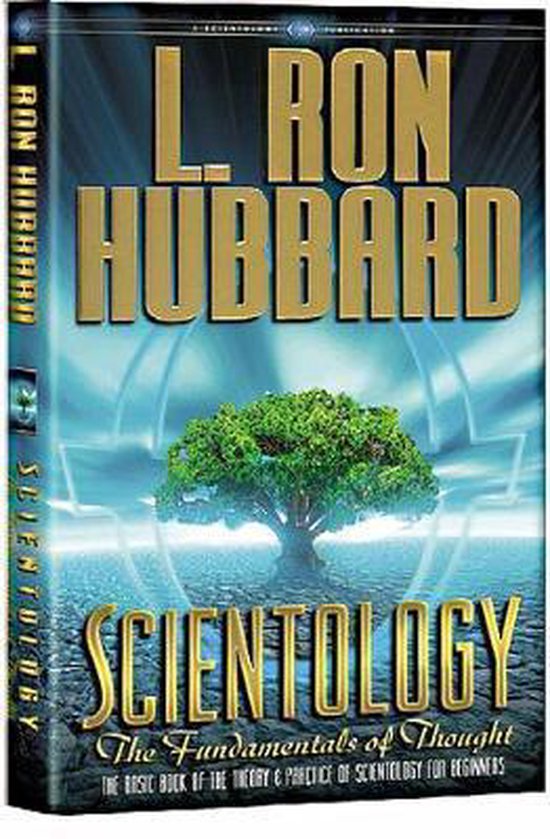 Boekcover van "Scientology: The Fundamentals of Thought" door L. Ron Hubbard, met een boom en gloeiende lijnen.