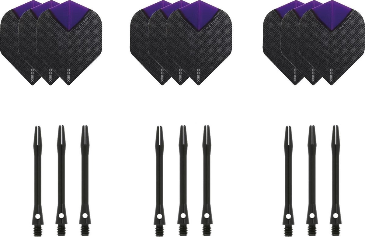 Darts Set - 3 sets - XS100 Skylight - Paars - Darts flights - plus 3 sets - aluminium - darts shafts - zwart - medium