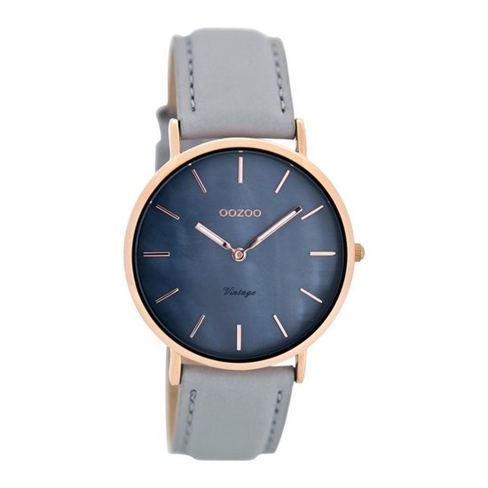 OOZOO Vintage Series - Rosé Goudkleurige Horloge Met Steen Grijze Leren Band C9947 O29