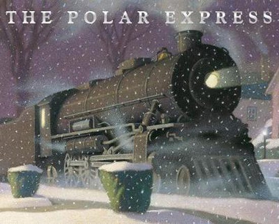 Une locomotive à vapeur, 'The Polar Express', roule dans la neige devant des maisons. Le texte 'THE POLAR EXPRESS' est situé en haut de l'image.