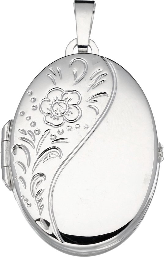 Silver Lining medaillon - zilver - ovaal - glanzend - mat- bloemmotief - 31 x 21 mm