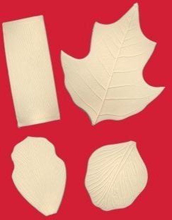 Quatre formes de feuilles blanches : un rectangle côtelé, une feuille d'érable, une feuille et un pétale de rose.