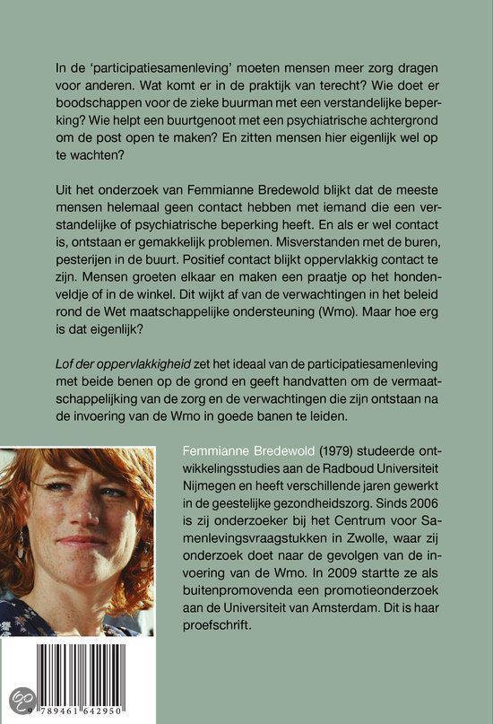 Achterkant boek met informatie over 'participatiesamenleving' en een foto van auteur Femmianne Bredewold.