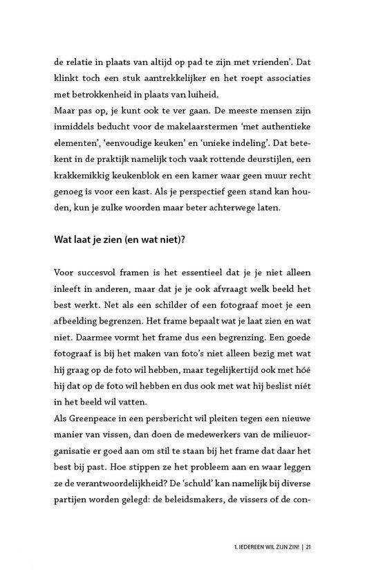 Pagina 21 uit het boek 'Denk niet aan een roze olifant' met tekst over fotografie en framing.