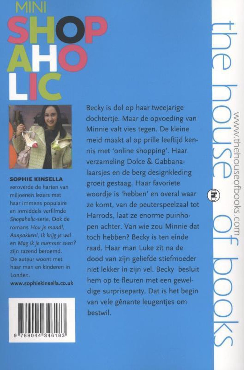 Achterkant van een boek. Links een foto van Sophie Kinsella met een tas. Rechts de achterflap tekst.