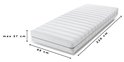 Wit matras met afmetingen 80 cm breed, 220 cm lang en max 27 cm hoog.