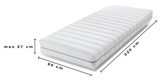 Wit matras met afmetingen 80 cm breed, 220 cm lang en max 27 cm hoog.