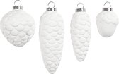 Hangende ornamenten, h: 3,5+5+6,6+8,5 cm, d: 2,5+3+4,5 cm, 4 stuks, wit