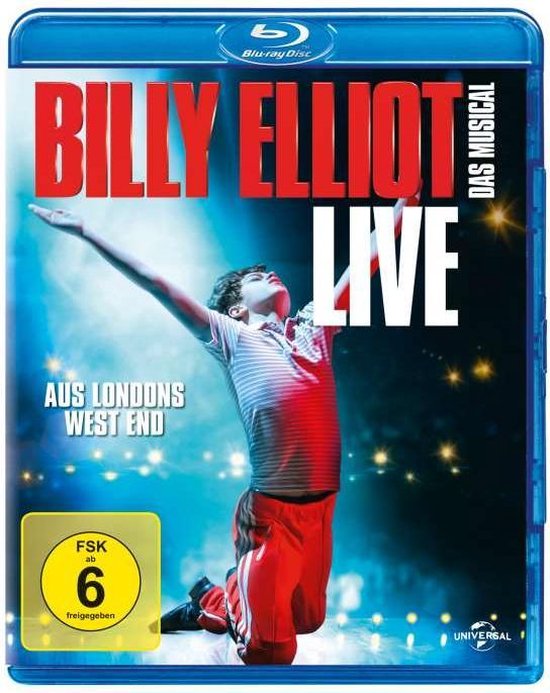 Blu-ray van Billy Elliot - Das Musical Live, met een jongen in rode broek en gestreept shirt die danst.