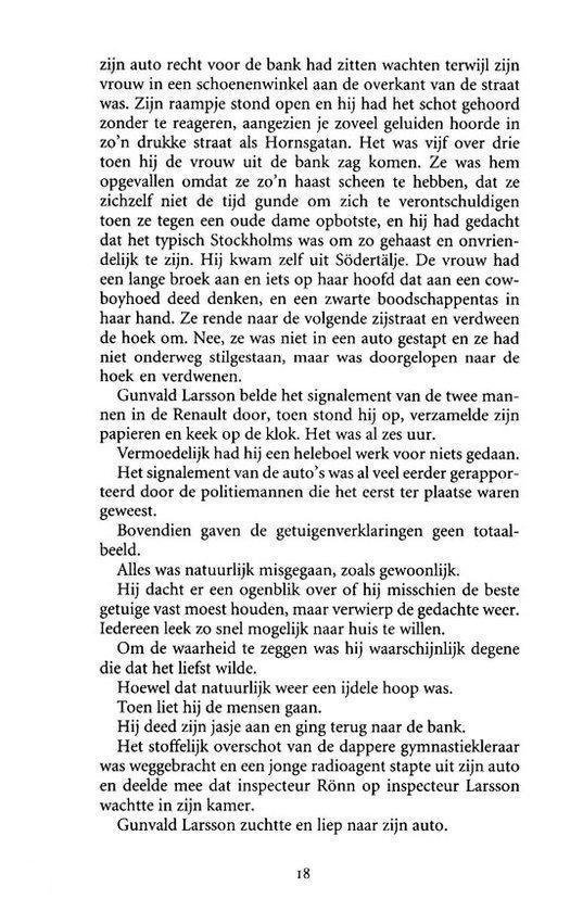 Pagina 18 van een boek met tekst over inspecteur Gunvald Larsson en zijn onderzoek naar getuigenverklaringen.