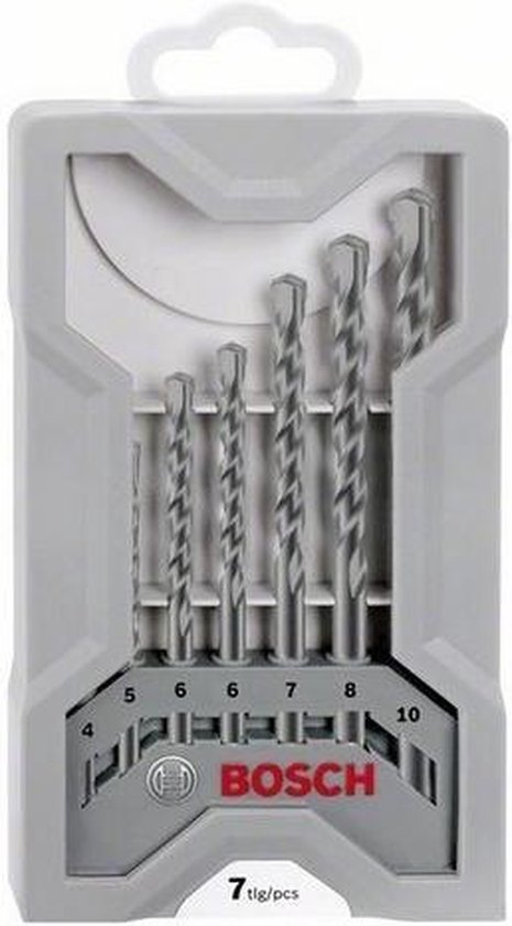 Bosch 7-delige betonboor set Cyl-3 met maten 4, 5, 6, 7, 8 en 10 in grijze koffer.
