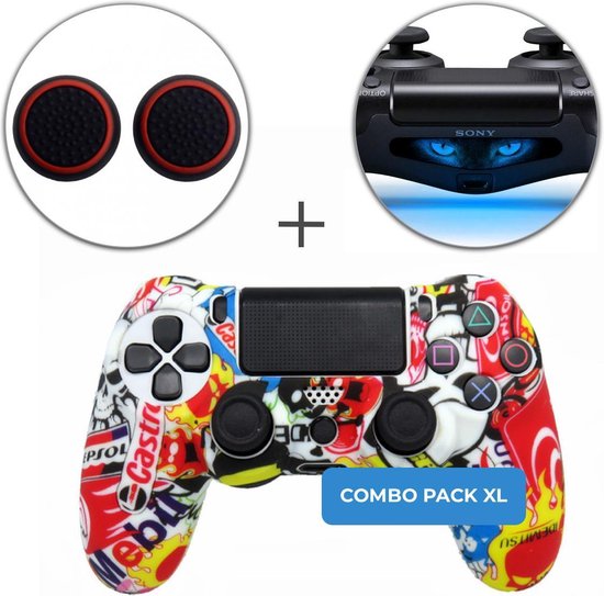 Stickerbomb Siliconen Beschermhoes + Thumb Grips + Lightbar Skin voor PS4 Dualshock PlayStation 4 Controller – Softcover Hoes / Case