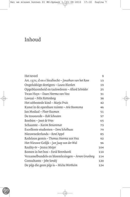 Inhoudsopgave van het boek 'Wat we missen kunnen'