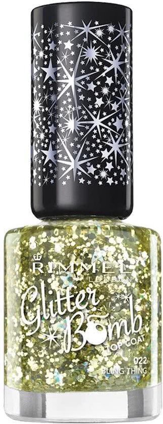 Rimmel London Glitter Bomb top coat in 'Bling Thing', goud glitter nagellak met sterrenapplicator.