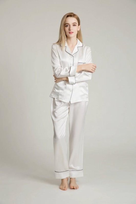 Dames zijden pyjama set , Crème wit, M