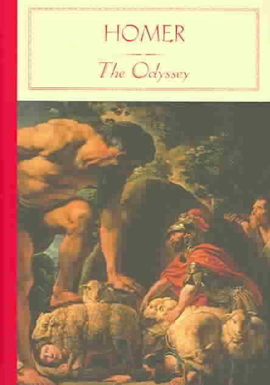 Boekcover van Homerus' 'The Odyssey' met een schilderij van twee mannen die onder schapen klimmen.