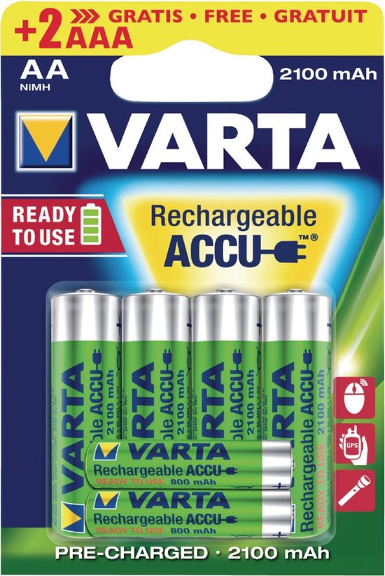 5. Varta AA Oplaadbare batterijen - 4 stuks + 2 stuks AAA oplaadbaar