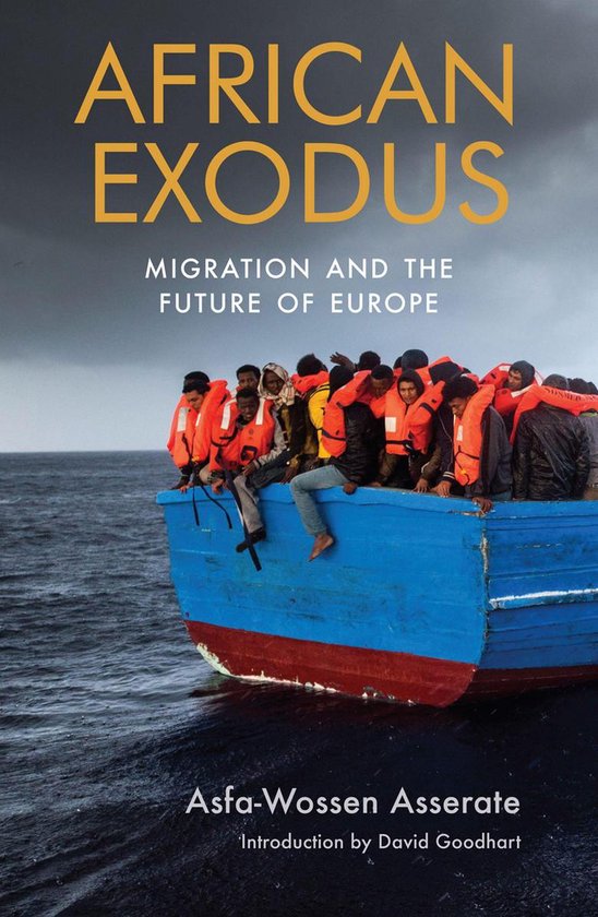 Couverture de livre intitulée 'African Exodus' montrant des gens dans un bateau.