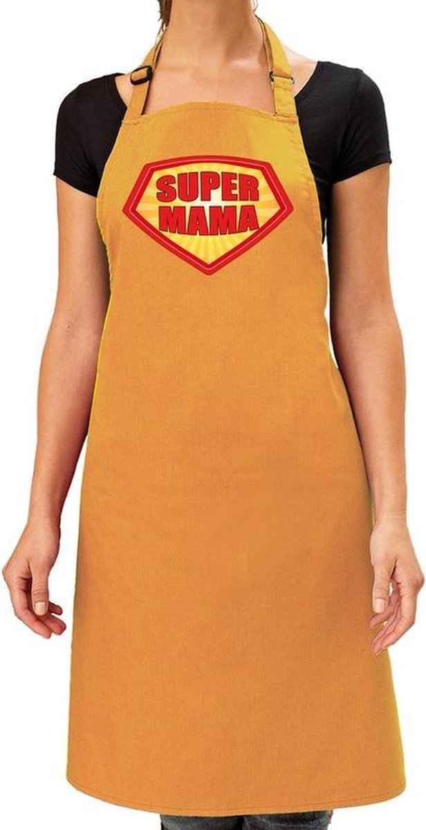 Super mama barbeque schort / keukenschort oker geel voor dames - bbq schorten