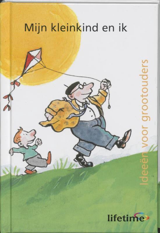 Mon petit-enfant et moi idées pour grands-parents : illustration d'un homme et d'un garçon faisant voler un cerf-volant sous un soleil jaune.