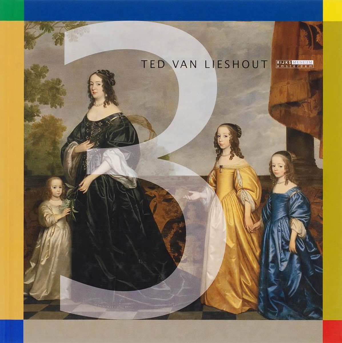 Titelpagina van '3' door Ted van Lieshout, met een schilderij van een gezin uit de Gouden Eeuw, op een gele achtergrond met een kleurenbalk.