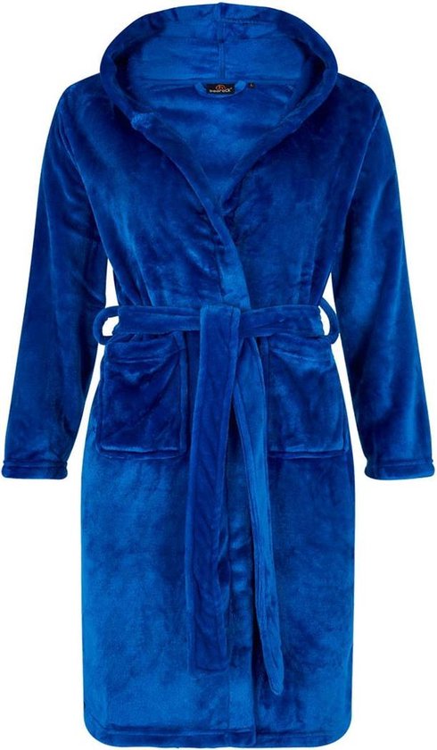 Kinderbadjas fleece - capuchon badjas kind - kobalt blauw - ochtendjas flanel fleece- maat 134/140