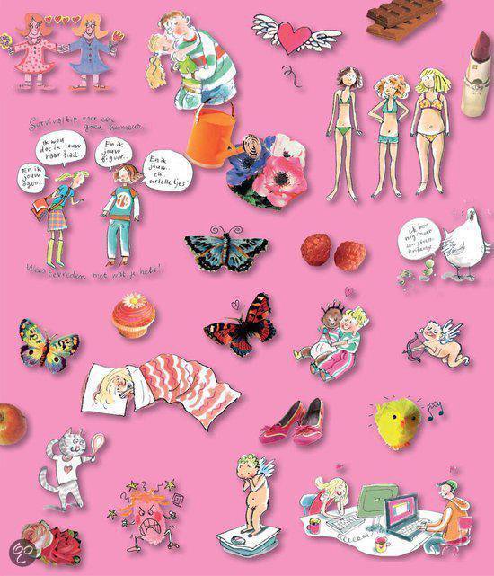 Roze pagina met diverse illustraties: vlinders, meisjes, dieren, lippenstift, chocolade, schoenen.