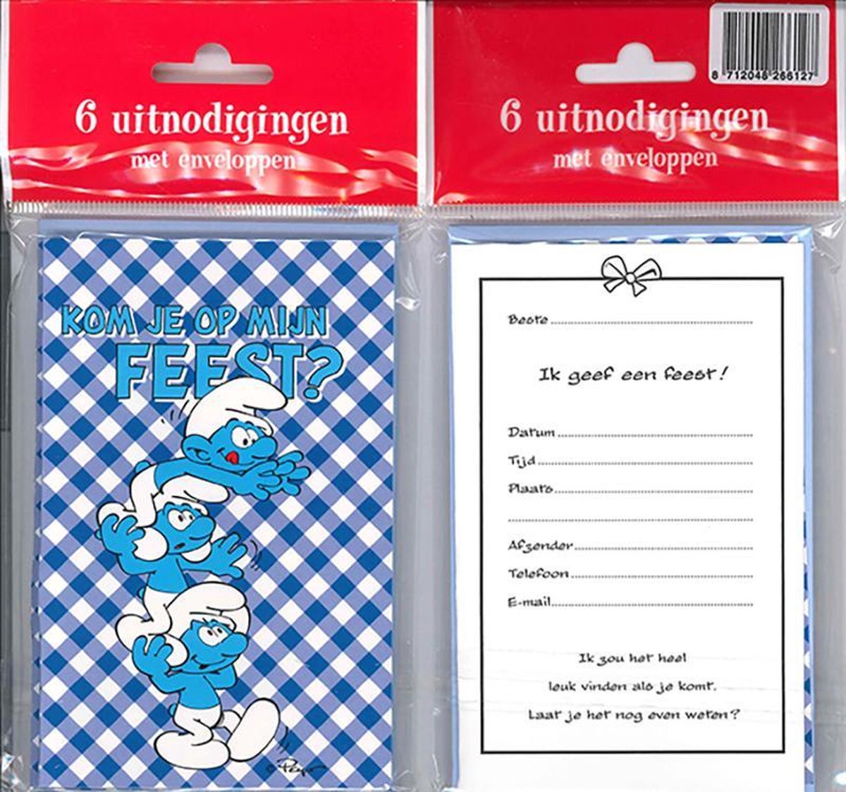 12 Uitnodigingskaartjes met envelop - Smurfen geruit blauw - 9 x 13.5 cm