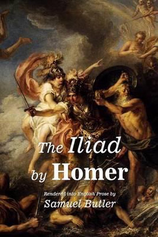Boekomslag van The Iliad by Homer, met een klassiek schilderij van strijdende figuren.