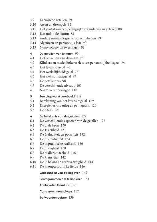 Pagina met een inhoudsopgave die verschillende hoofdstukken en secties van een boek over numerologie en het pentagram weergeeft.