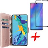 iCall - Huawei P30 Hoesje + Screenprotector Tempered Glass Full Screen - Lederen TPU Book Case Portemonnee Flip Wallet - Roségoud