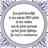 Tegeltje met Spreuk (Tegeltjeswijsheid): Een goed huwelijk is ten minste 80% geluk in het vinden van de juiste persoon op het juiste tijdstip; De rest is vertrouwen + Cadeau verpakking & Plakhanger