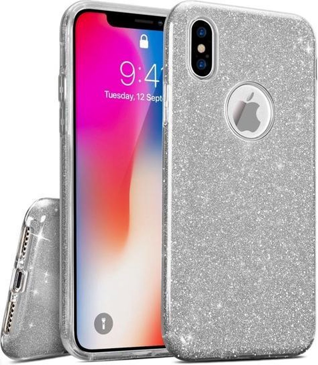 HB Hoesje Geschikt voor Apple iPhone XS Max - Glitter Back Cover - Silver